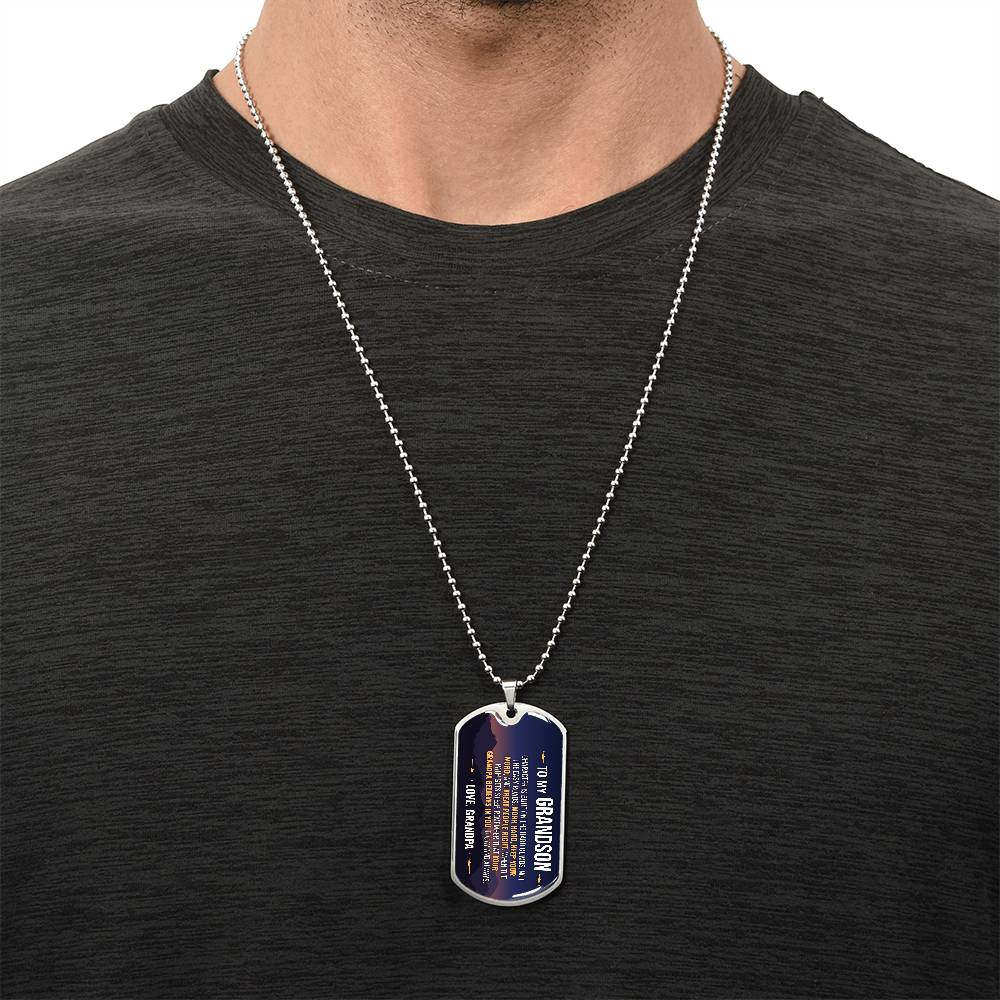 To My Grandson Necklace from Grandpa – silver dog tag necklace worn with a dark t-shirt