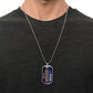 To My Grandson Necklace from Grandpa – silver dog tag necklace worn with a dark t-shirt