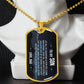 To My Son Necklace from Dad – gold dog tag necklace displayed on a bust
