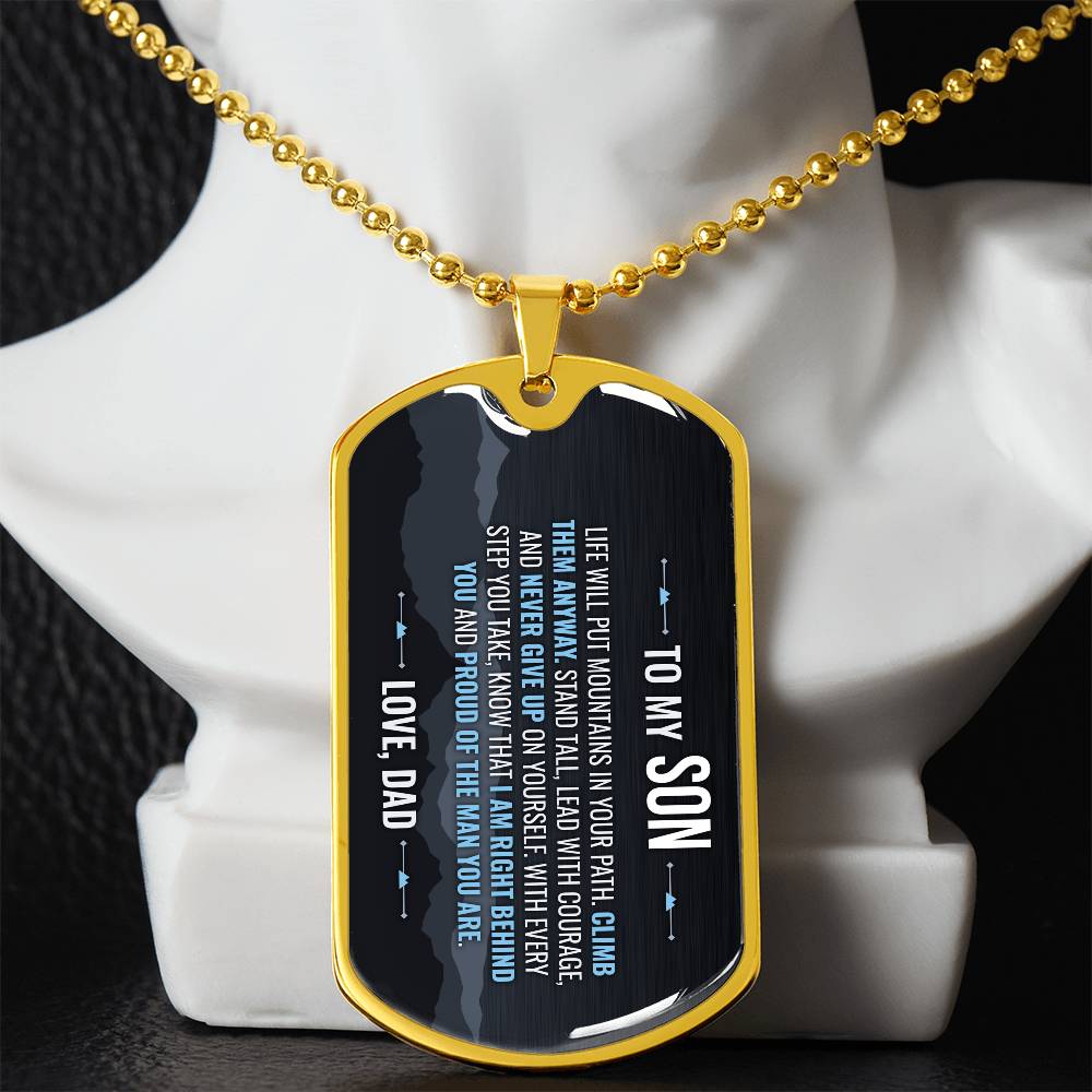 To My Son Necklace from Dad – gold dog tag necklace displayed on a bust