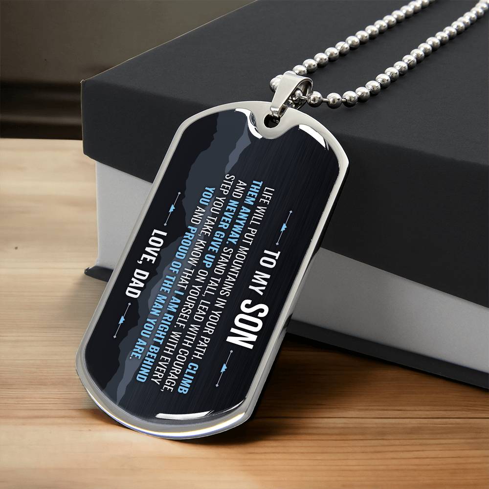 To My Son Necklace from Dad – silver dog tag necklace resting on a gift box