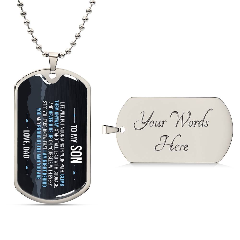 To My Son Necklace from Dad – silver dog tag with optional custom engraving on the back