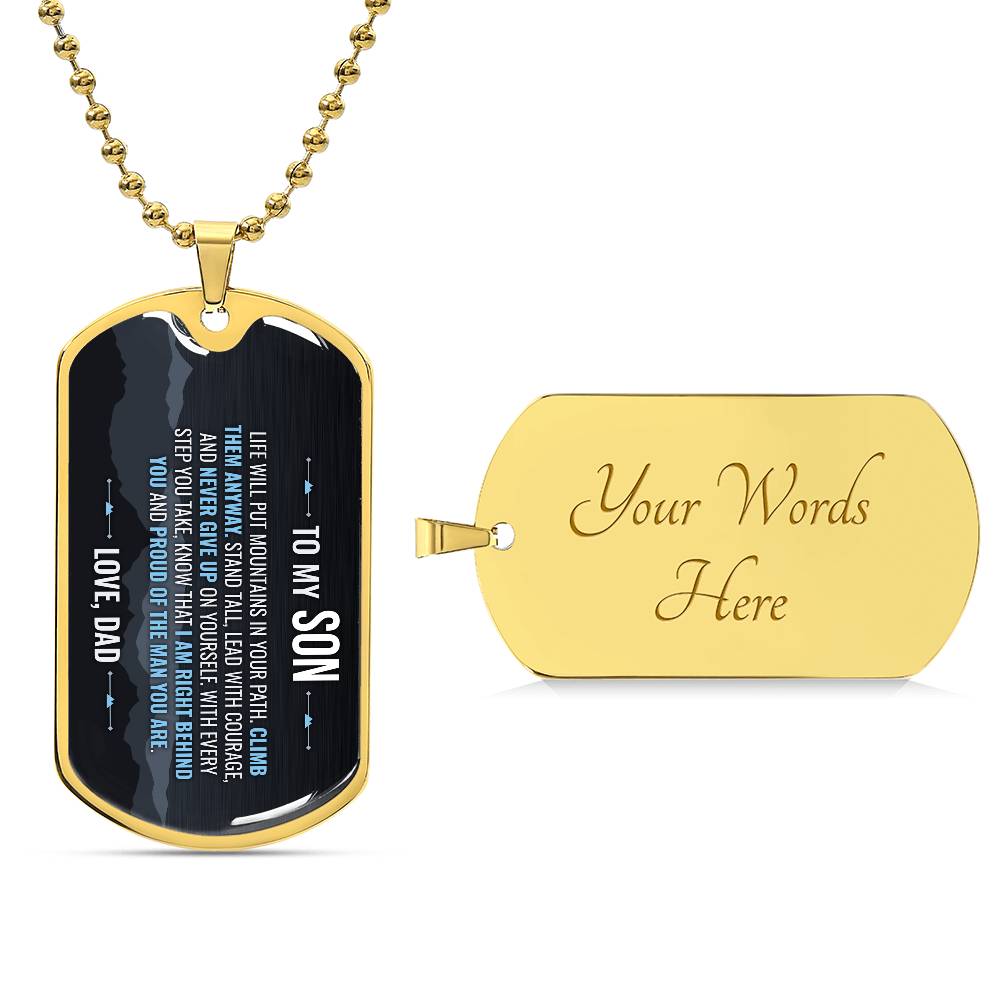 To My Son Necklace from Dad – 18k gold finish dog tag with optional custom engraving on the back