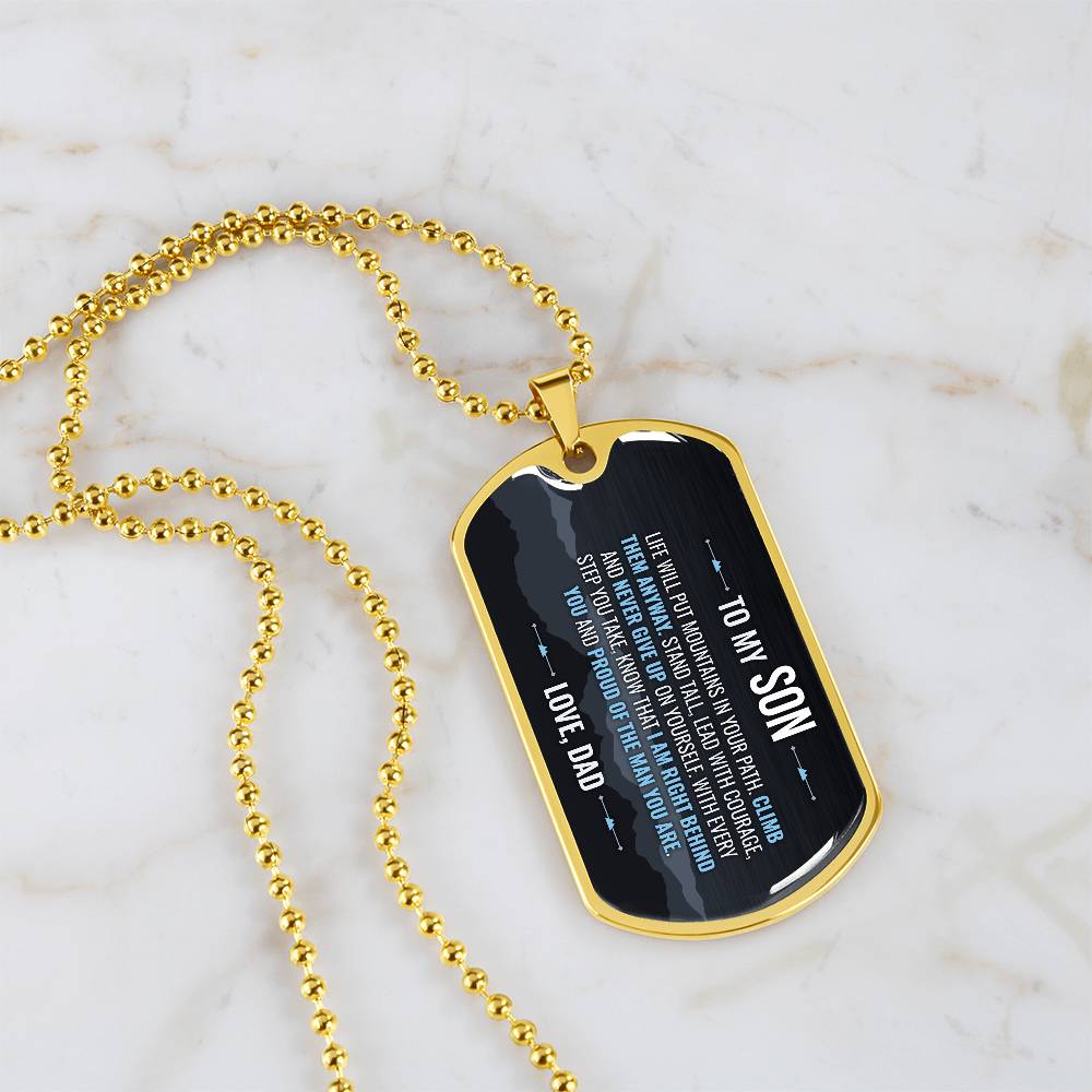 To My Son Necklace from Dad – 18k gold finish dog tag necklace on white marble