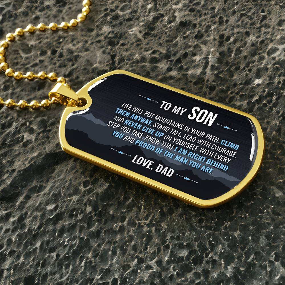 To My Son Necklace from Dad – gold dog tag necklace on dark stones