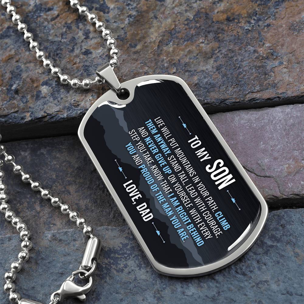 To My Son Necklace from Dad – silver dog tag necklace on slate with military ball chain