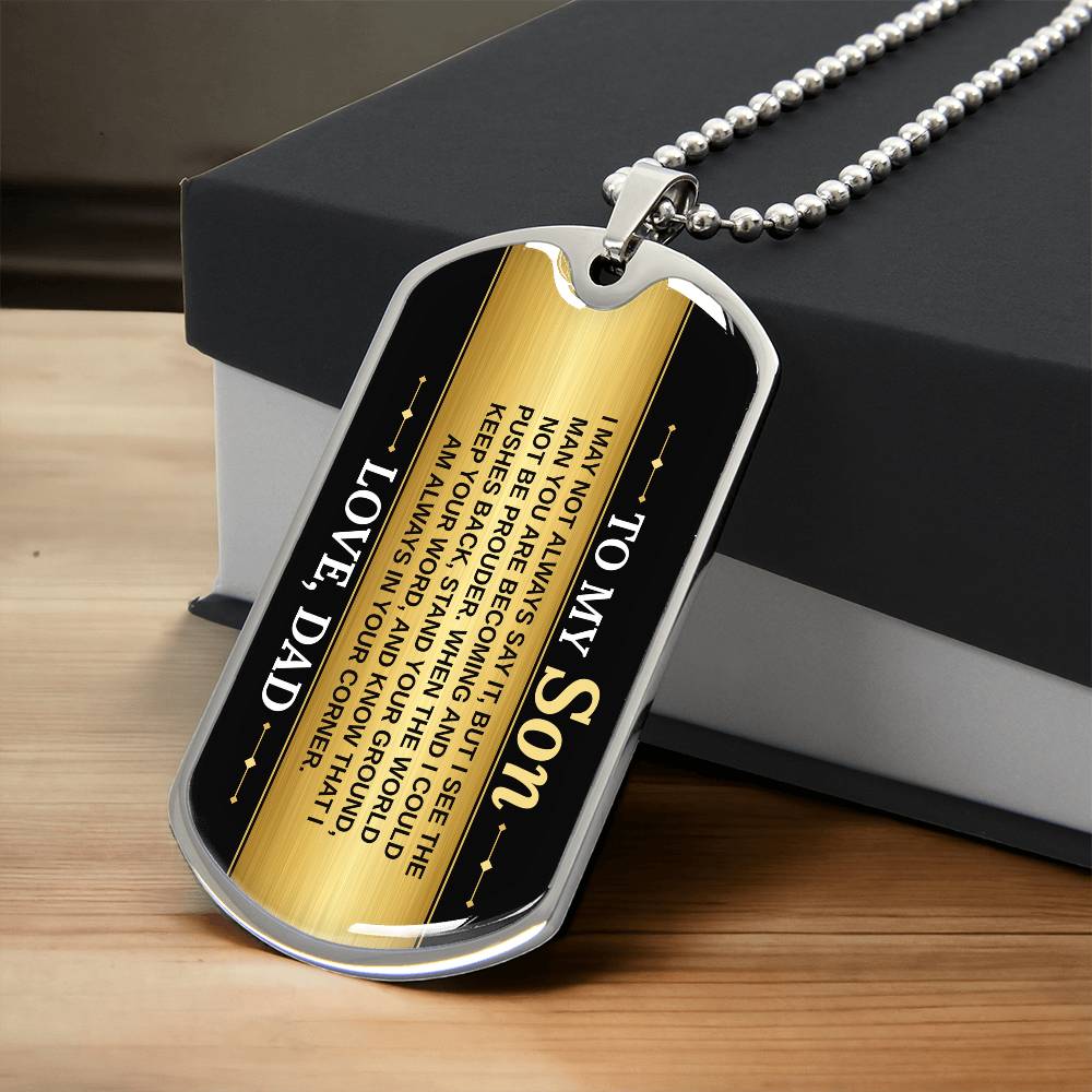 To My Son Necklace from Dad – silver dog tag necklace resting on a gift box