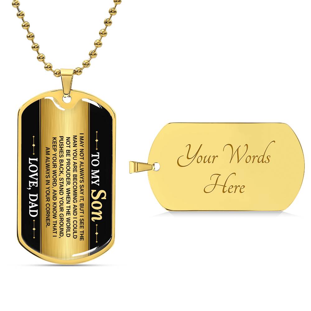 To My Son Necklace from Dad – 18k gold finish dog tag with optional custom engraving on the back