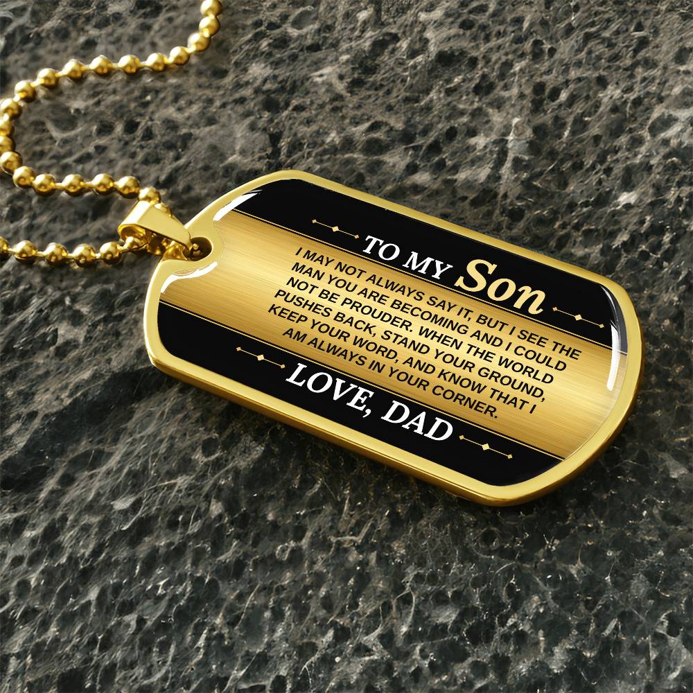 To My Son Necklace from Dad – gold dog tag necklace on dark stones