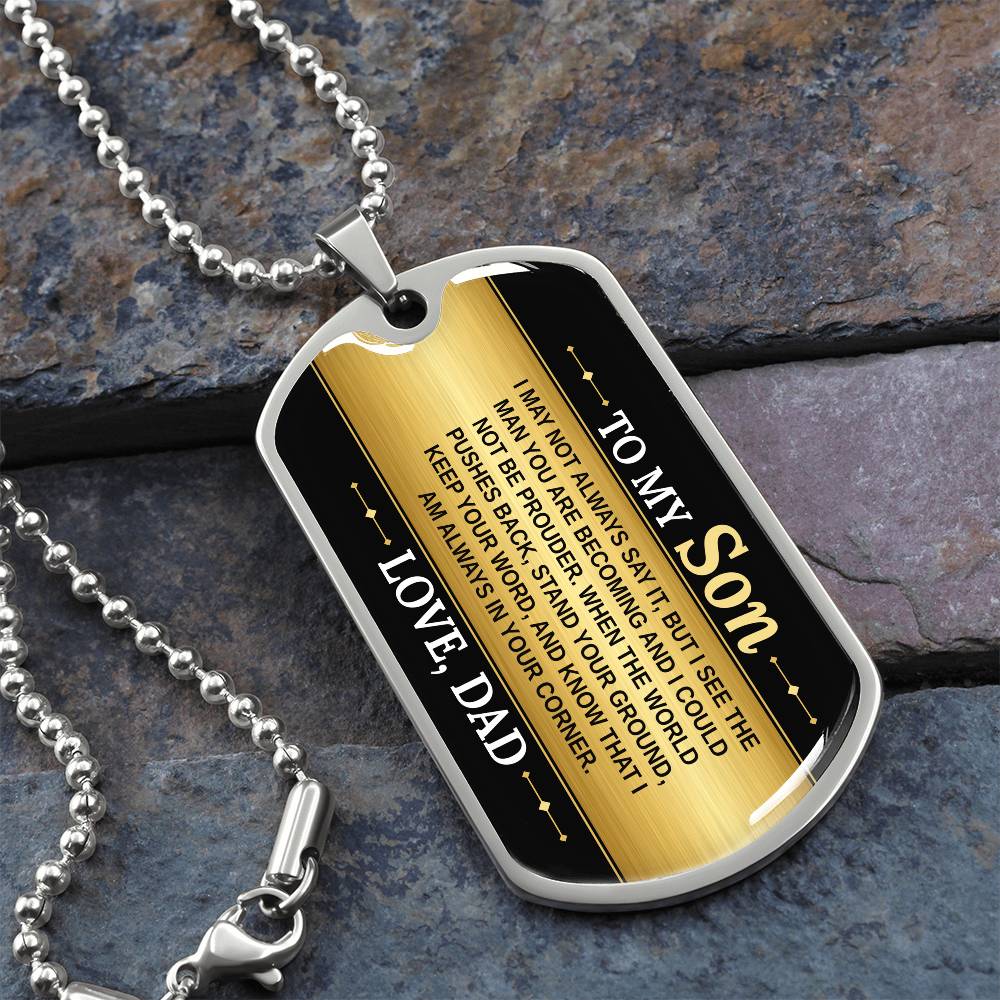 To My Son Necklace from Dad – silver dog tag necklace on slate with military ball chain