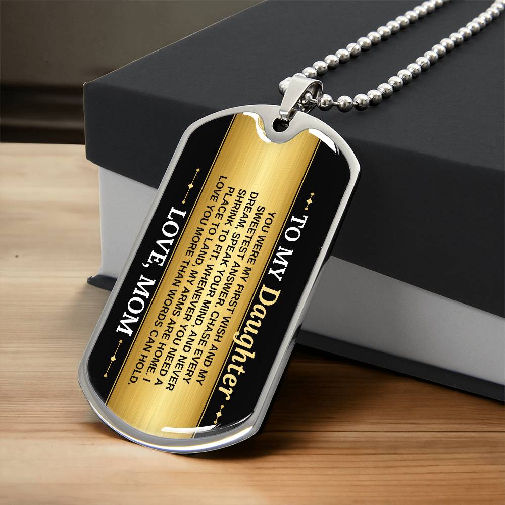 To My Daughter Necklace from Mom – silver dog tag necklace resting on a gift box