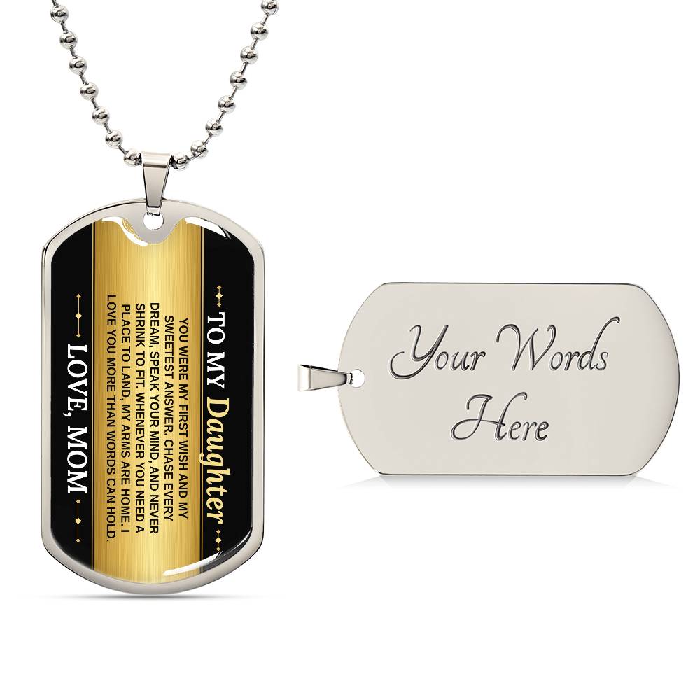 To My Daughter Necklace from Mom – silver dog tag with optional custom engraving on the back