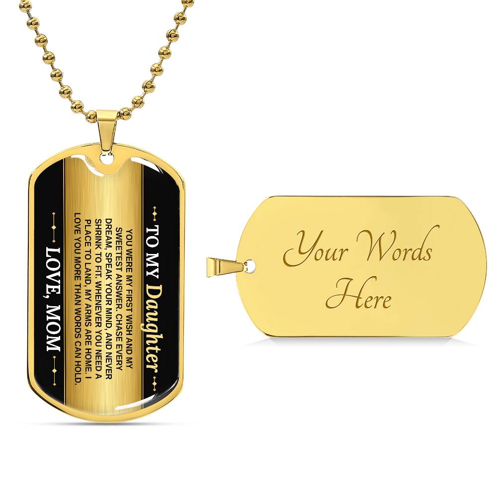 To My Daughter Necklace from Mom – 18k gold finish dog tag with optional custom engraving on the back