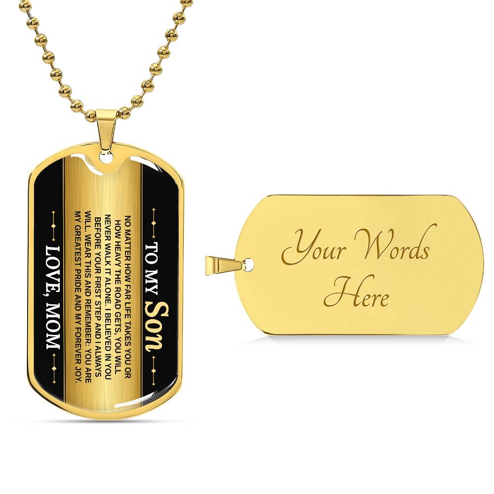 To My Son Necklace from Mom – 18k gold finish dog tag with optional custom engraving on the back