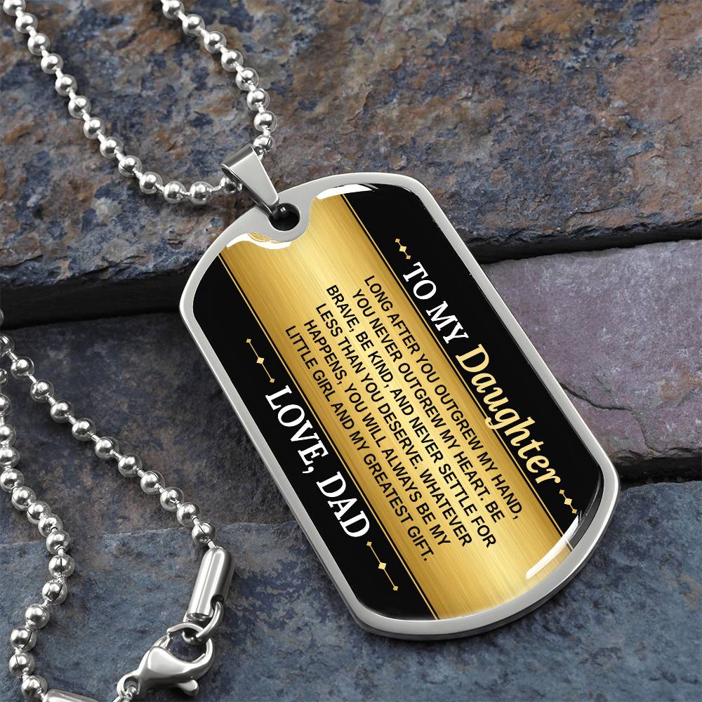 To My Daughter Necklace from Dad – silver dog tag necklace on slate with military ball chain