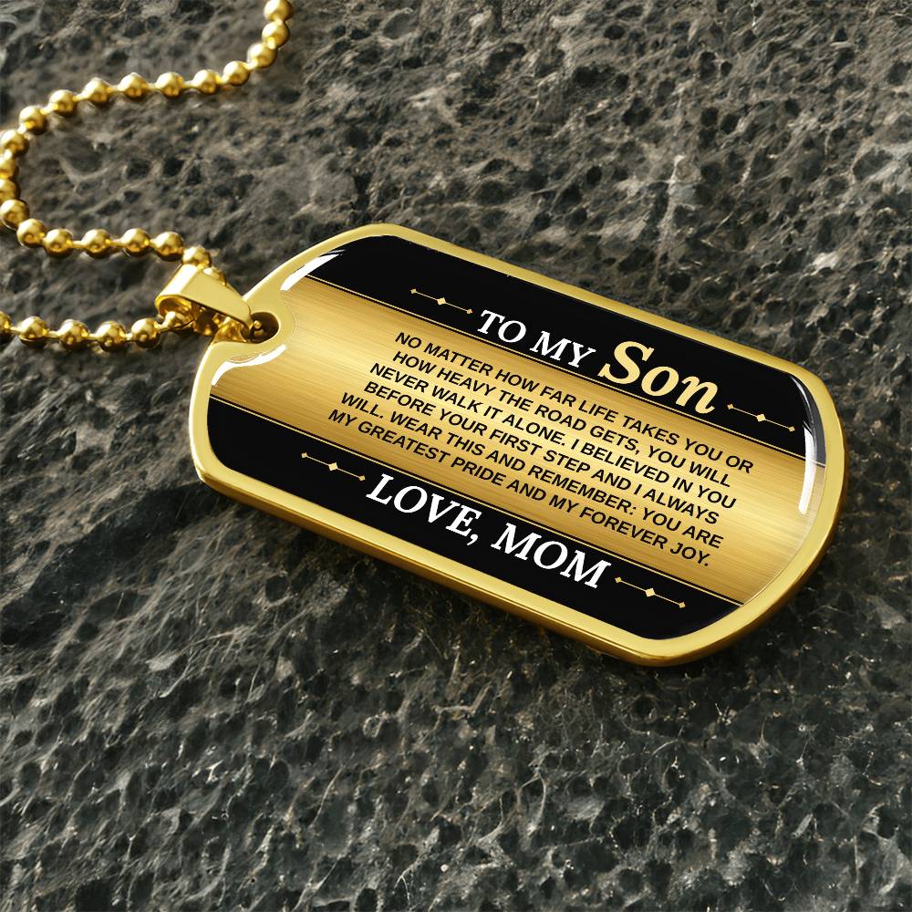 To My Son Necklace from Mom – gold dog tag necklace on dark stones