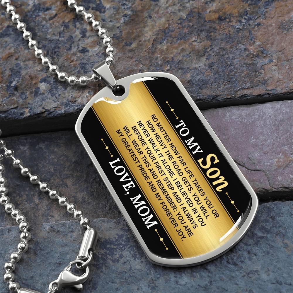 To My Son Necklace from Mom – silver dog tag necklace on slate with military ball chain