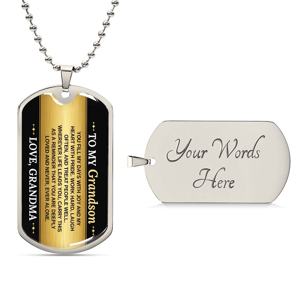 To My Grandson Necklace from Grandma – silver dog tag with optional custom engraving on the back