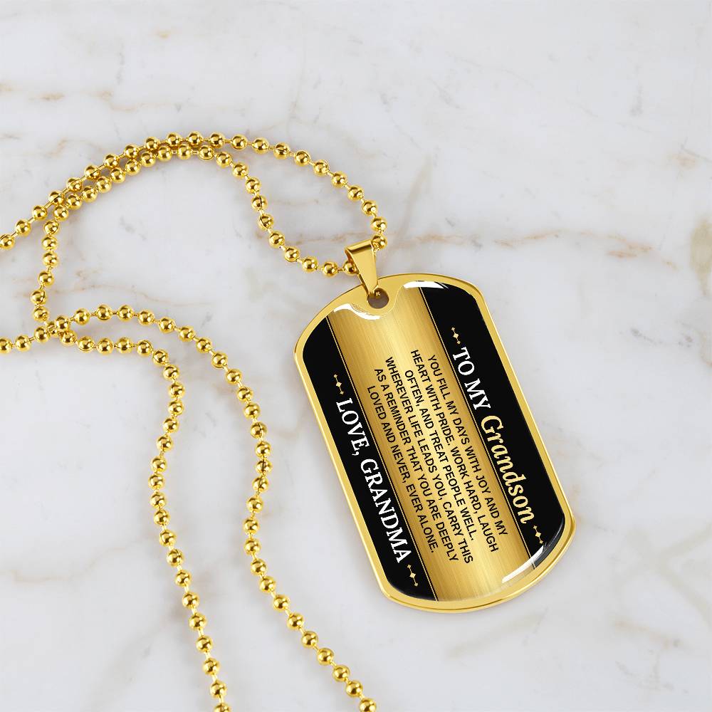 To My Grandson Necklace from Grandma – 18k gold finish dog tag necklace on white marble