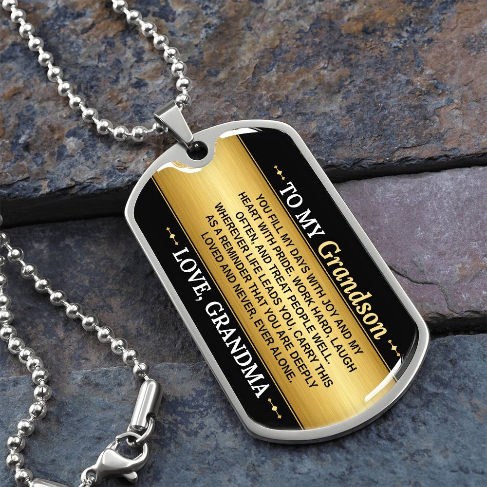 To My Grandson Necklace from Grandma – silver dog tag necklace on slate with military ball chain
