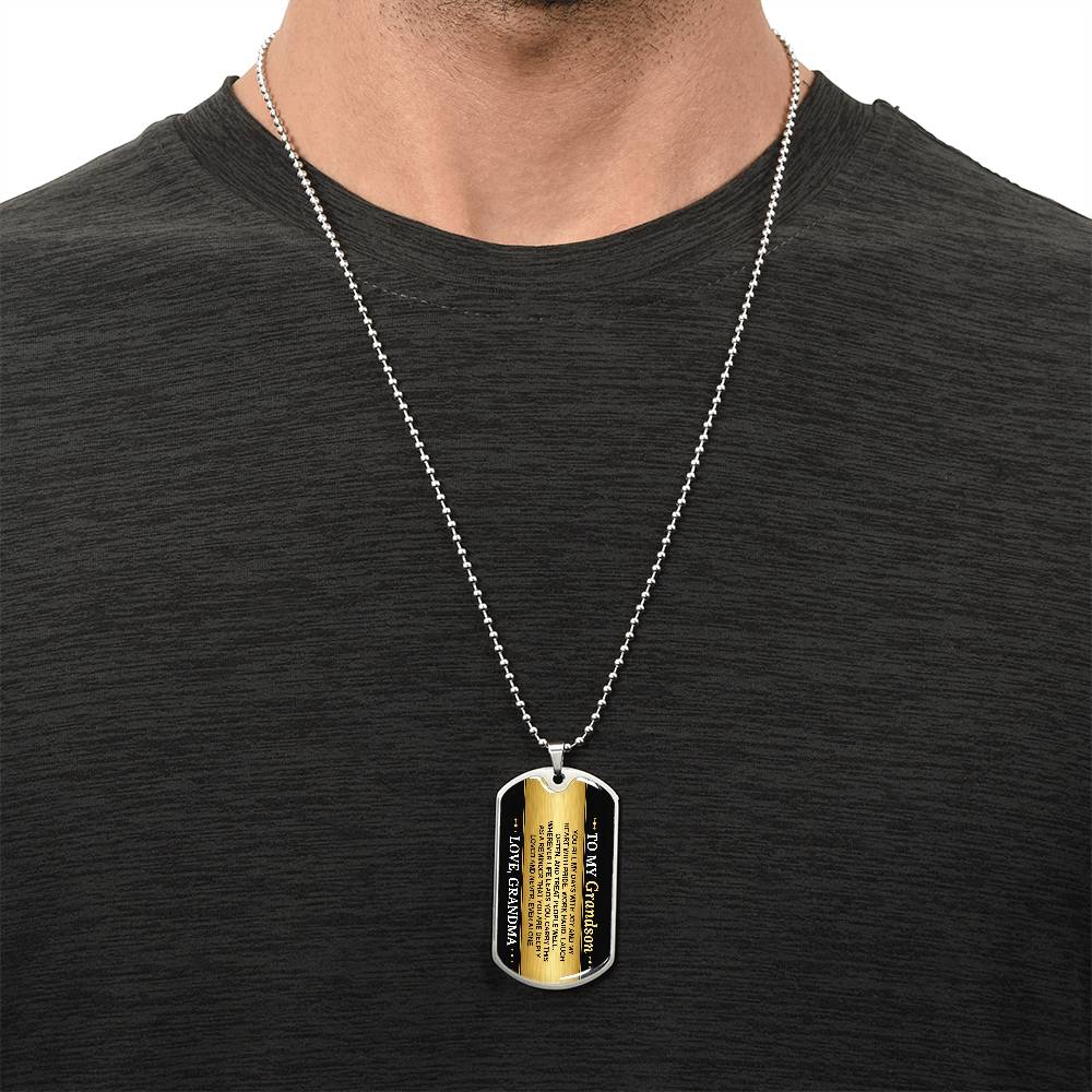 To My Grandson Necklace from Grandma – silver dog tag necklace worn with a dark t-shirt