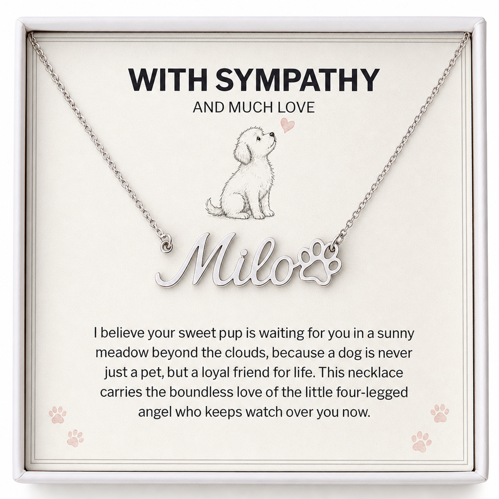 Dog memorial paw print name necklace on With Sympathy and Much Love message card in gift box