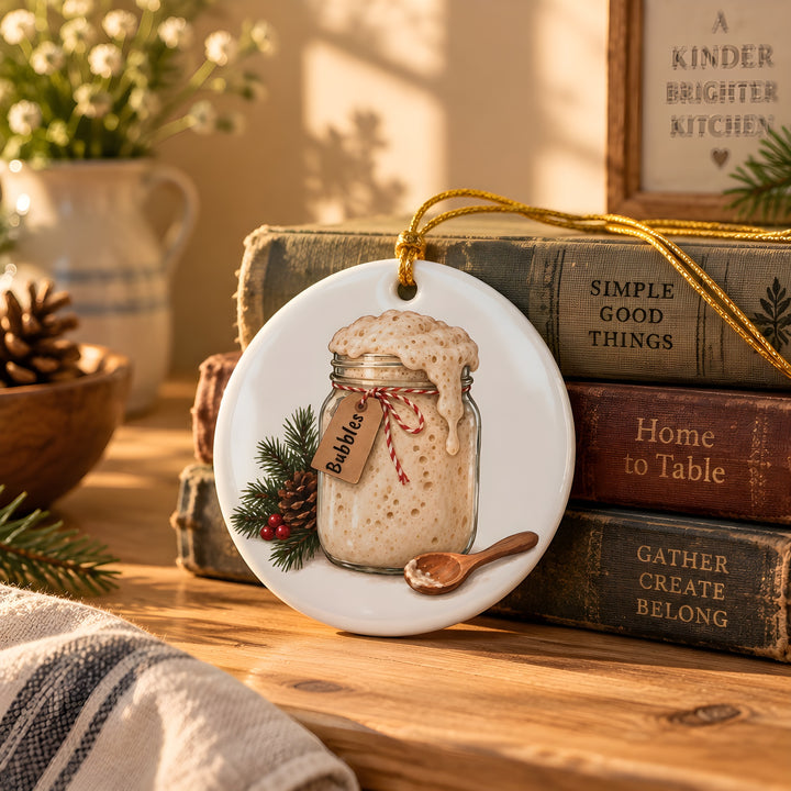 Personalized sourdough starter jar ornament with custom name on stacked books, baker gift