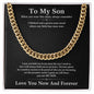 To My Son Cuban link chain in 18K yellow gold finish on black message card from Mom