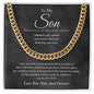To My Son Cuban link chain in 18K yellow gold finish on charcoal script message card from Mom