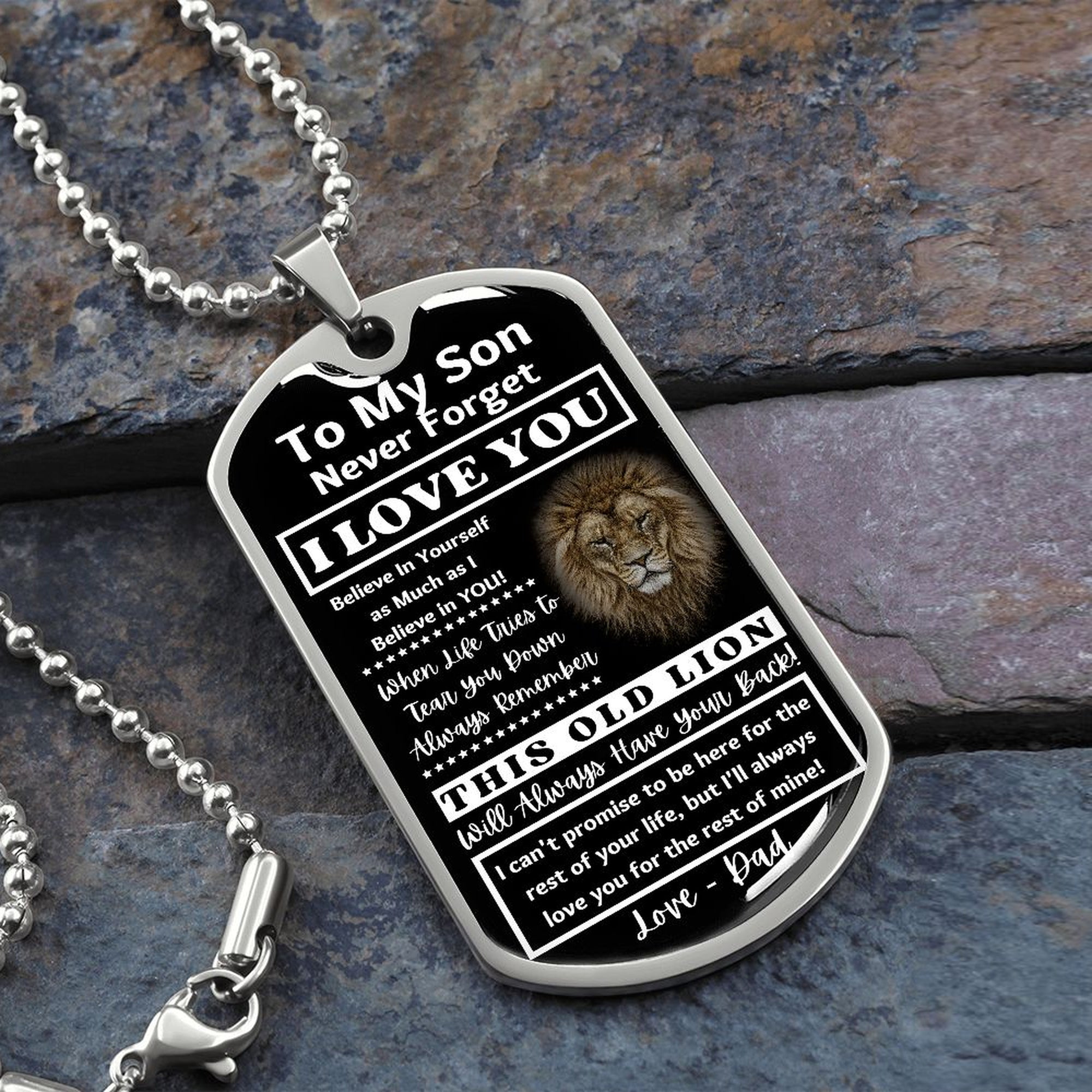 Silver lion dog tag necklace with a lion portrait and To My Son message from Dad, on a ball chain over slate stone
