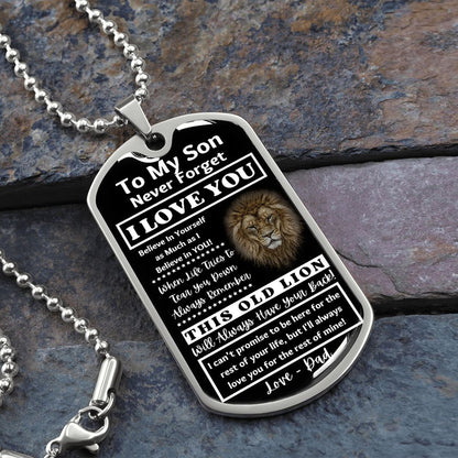 Silver lion dog tag necklace with a lion portrait and To My Son message from Dad, on a ball chain over slate stone
