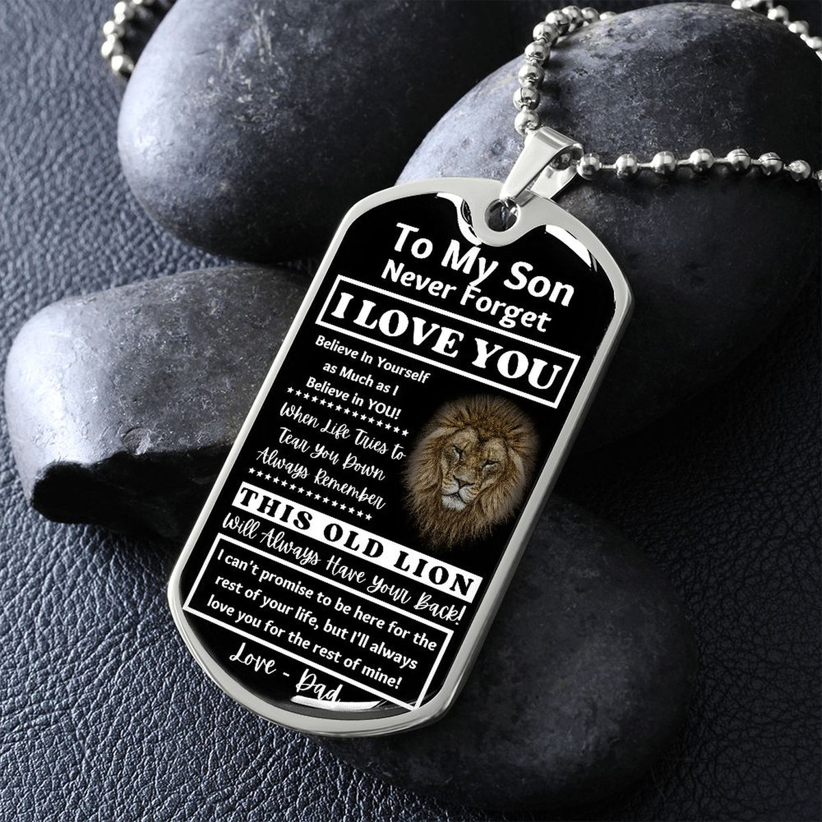 Silver Old Lion son dog tag propped on dark river rocks
