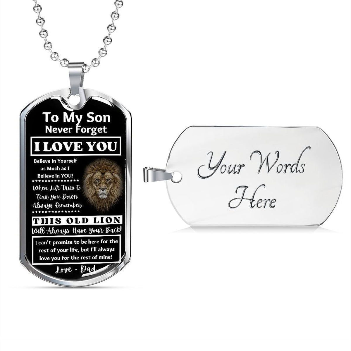 Front of the silver Old Lion son tag beside an engravable back reading Your Words Here