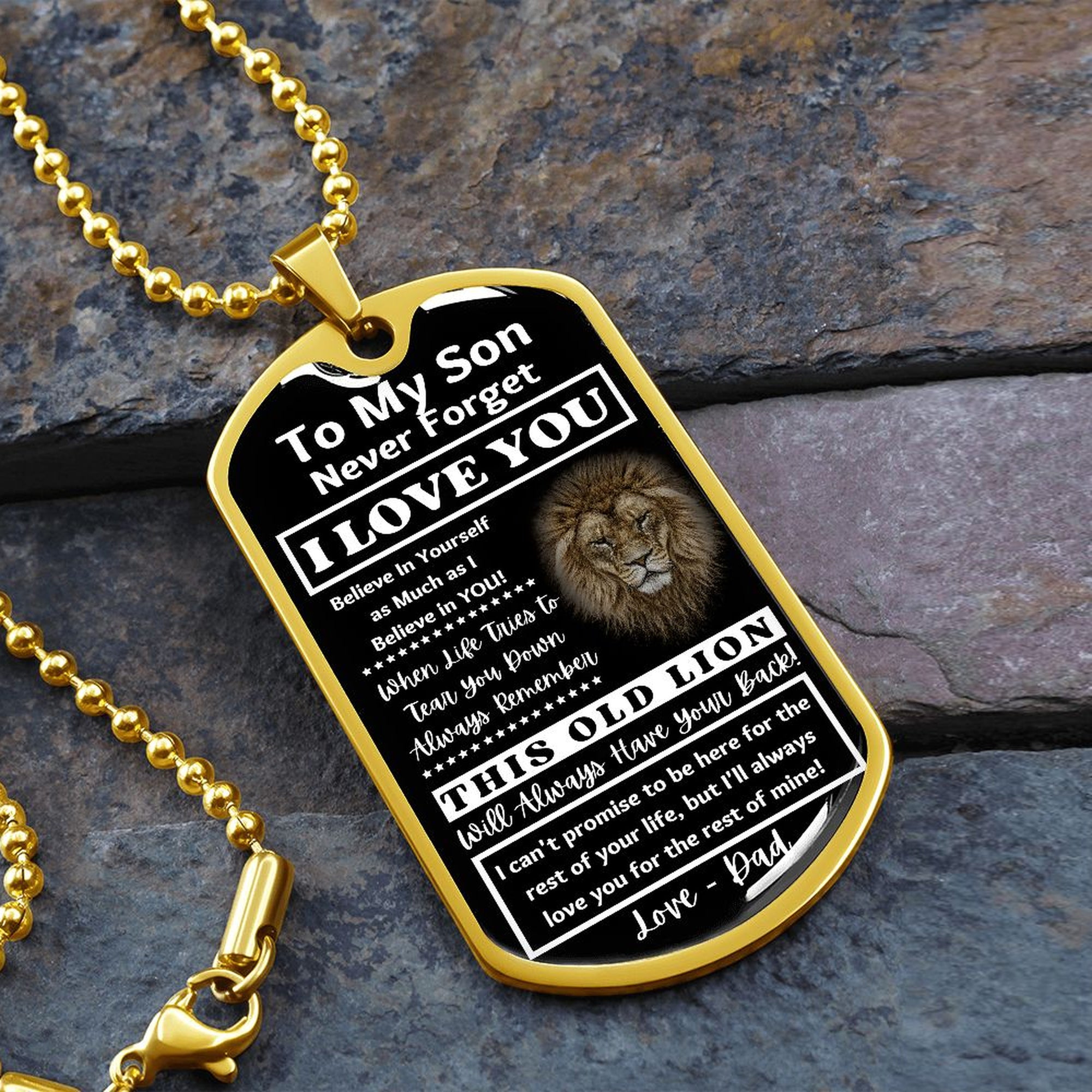 Gold-finish Old Lion son dog tag necklace on slate stone