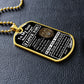 Gold-finish Old Lion son dog tag lying on black leather