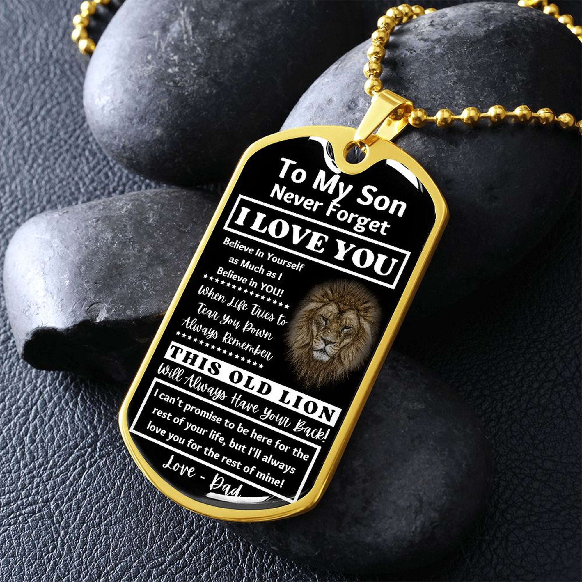 Gold-finish Old Lion son dog tag propped on dark river rocks