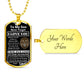 Front of the gold Old Lion son tag beside an engravable gold back reading Your Words Here