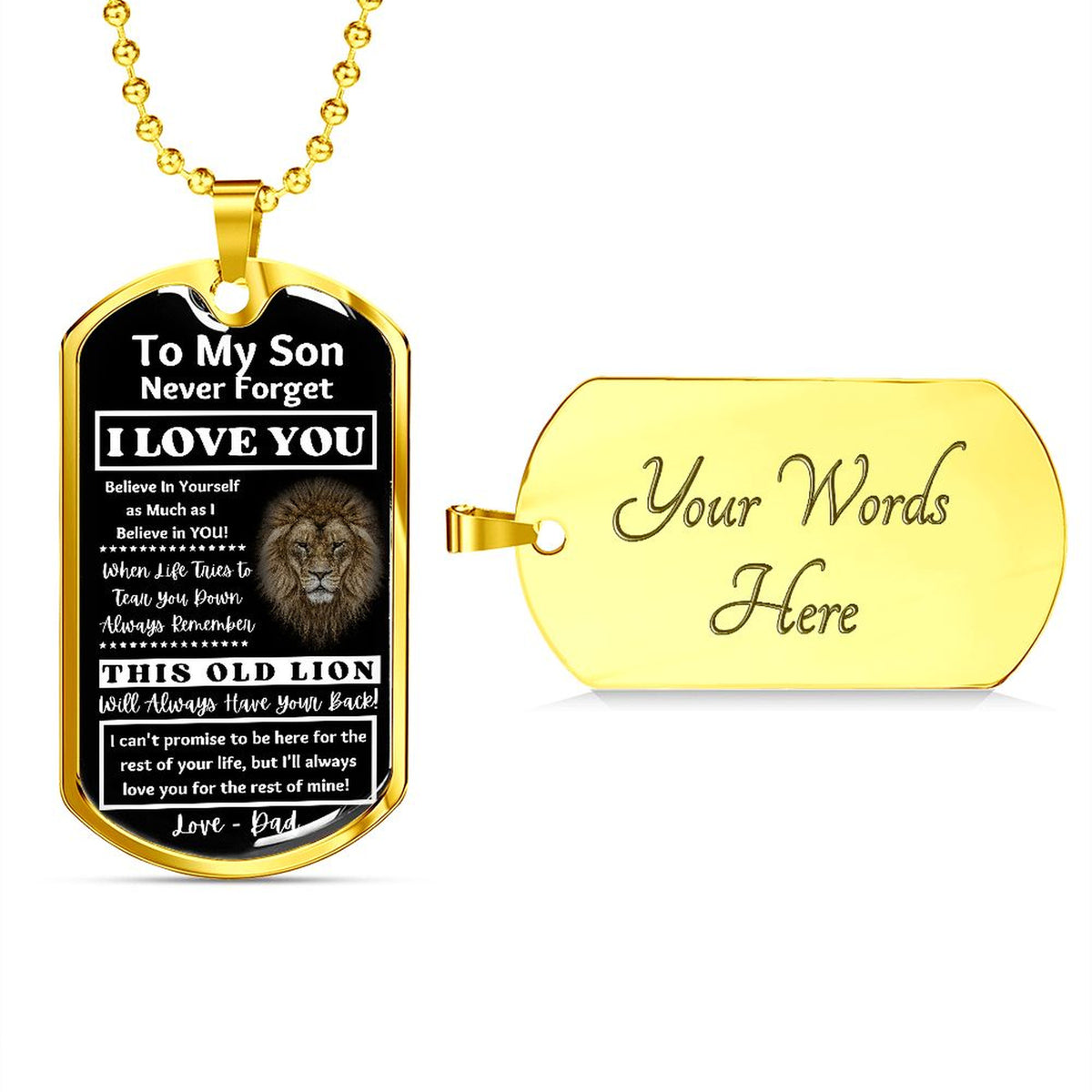 Front of the gold Old Lion son tag beside an engravable gold back reading Your Words Here