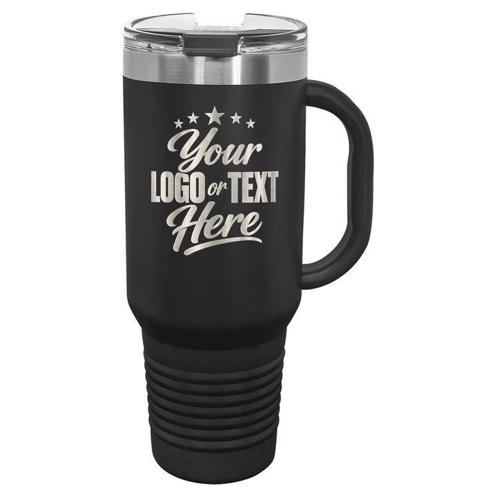 Custom 40 oz tumbler with handle, Black, engraved