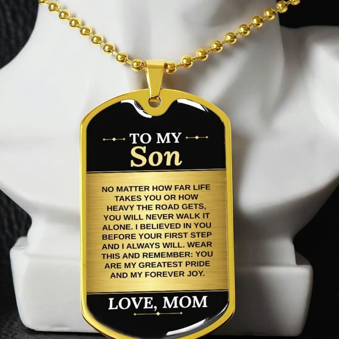 To My Son Necklace from Mom – video showing the dog tag message, silver and gold options, and how it looks worn