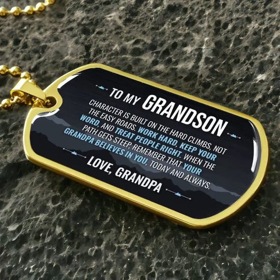 To My Grandson Necklace from Grandpa – video showing the dog tag message, silver and gold options, and how it looks worn