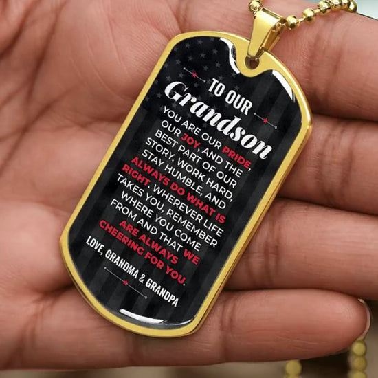 To Our Grandson Necklace from Grandma & Grandpa – video showing the dog tag message, silver and gold options, and how it looks worn