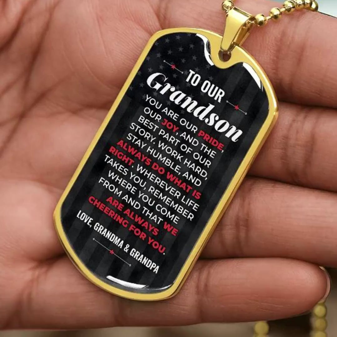 To Our Grandson Necklace from Grandma & Grandpa – video showing the dog tag message, silver and gold options, and how it looks worn