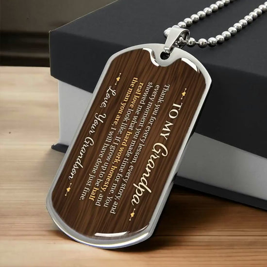 To My Grandpa Necklace from Grandson – video showing the dog tag message, silver and gold options, and how it looks worn