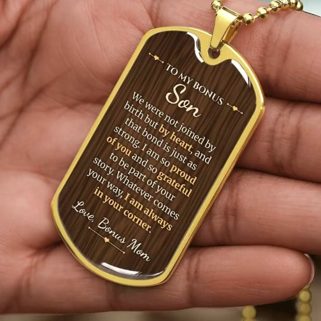 To My Bonus Son Necklace from Bonus Mom – video showing the dog tag message, silver and gold options, and how it looks worn