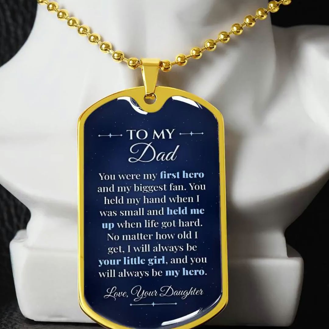 To My Dad Necklace from Daughter – video showing the dog tag message, silver and gold options, and how it looks worn
