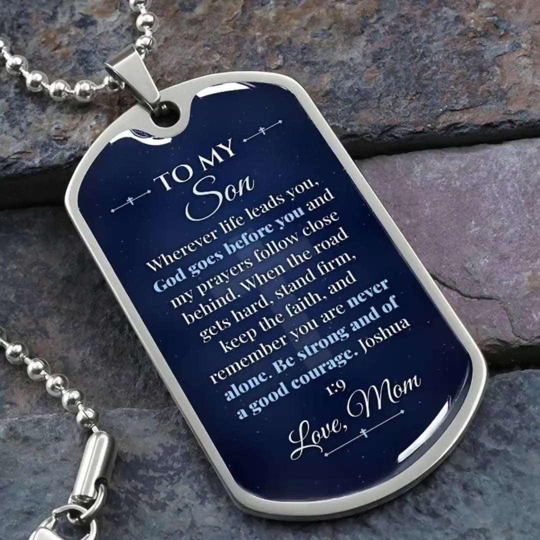 To My Son Necklace from Mom – video showing the dog tag message, silver and gold options, and how it looks worn
