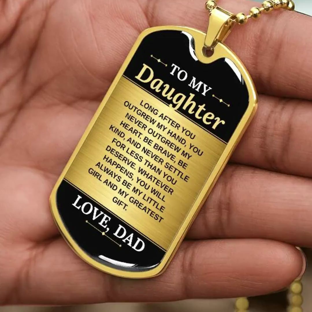 To My Daughter Necklace from Dad – video showing the dog tag message, silver and gold options, and how it looks worn