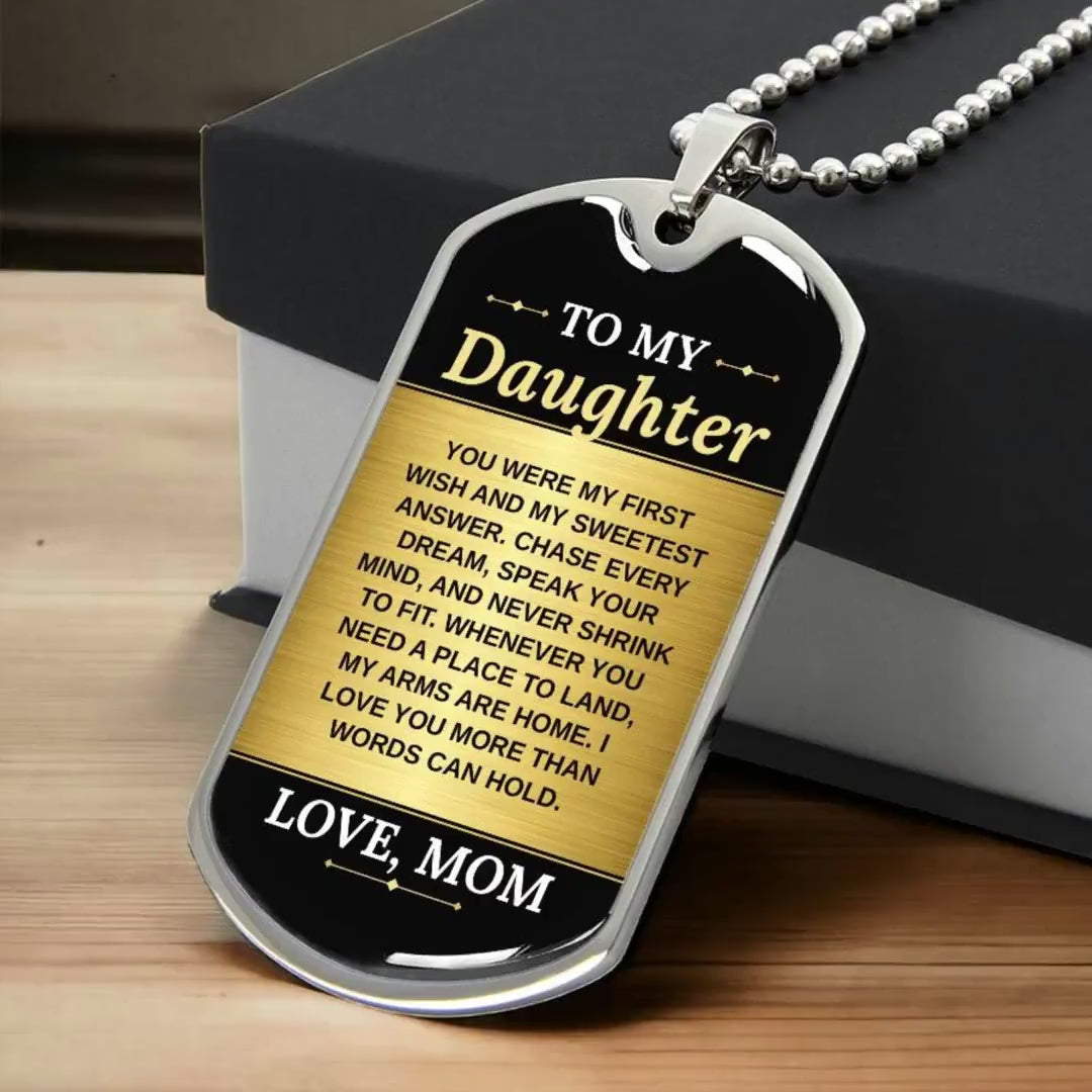 To My Daughter Necklace from Mom – video showing the dog tag message, silver and gold options, and how it looks worn