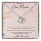 White gold Love Knot necklace on Welcome New Mama message card in soft-touch gift box — oezzo new mom gift